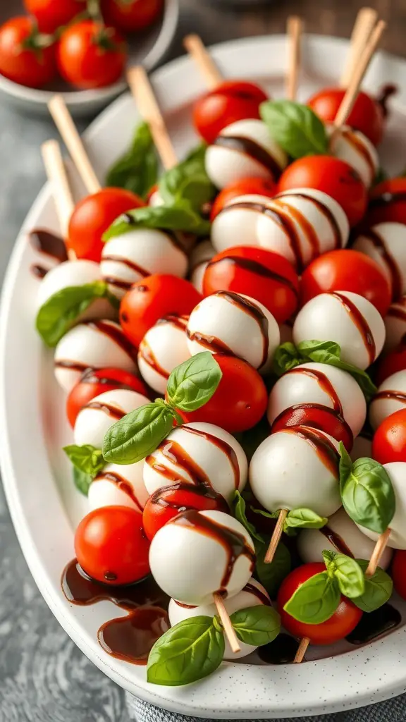 A platter of Caprese skewers featuring cherry tomatoes, mozzarella balls, and fresh basil drizzled with balsamic glaze.