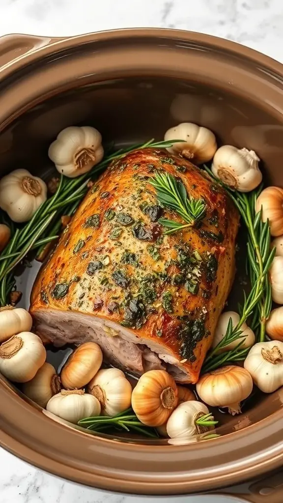 Herb-roasted pork loin with garlic and rosemary in a slow cooker