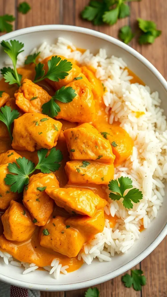 A bowl of coconut curry chicken with rice, garnished with fresh cilantro.