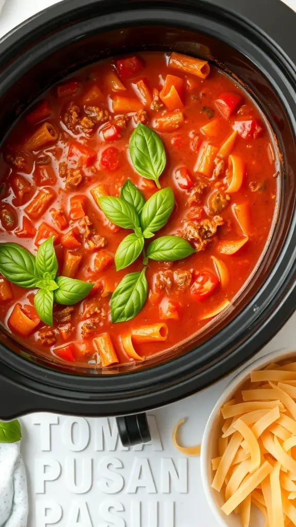 Crockpot filled with tomato basil pasta sauce topped with fresh basil leaves