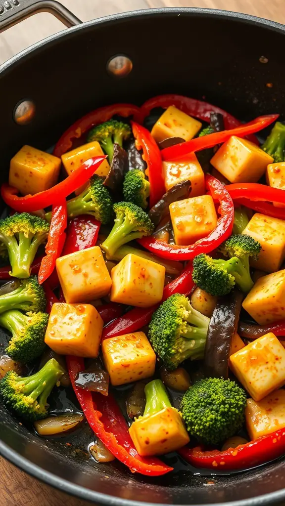 A colorful vegetable stir-fry with tofu in a pan, featuring broccoli, red bell peppers, and cubes of tofu.