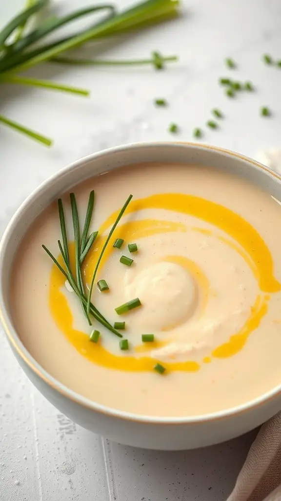 A bowl of creamy potato and leek soup garnished with chives and olive oil.