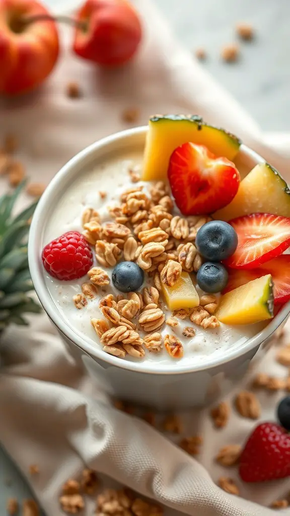 A vibrant Pineapple Coconut Smoothie Bowl topped with fresh fruits and granola.