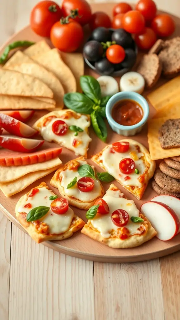 A colorful pizza charcuterie board featuring mini pizzas, fresh vegetables, fruits, and snacks.