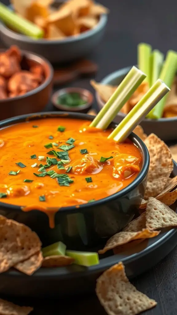 A bowl of buffalo chicken fondue surrounded by tortilla chips and celery sticks.