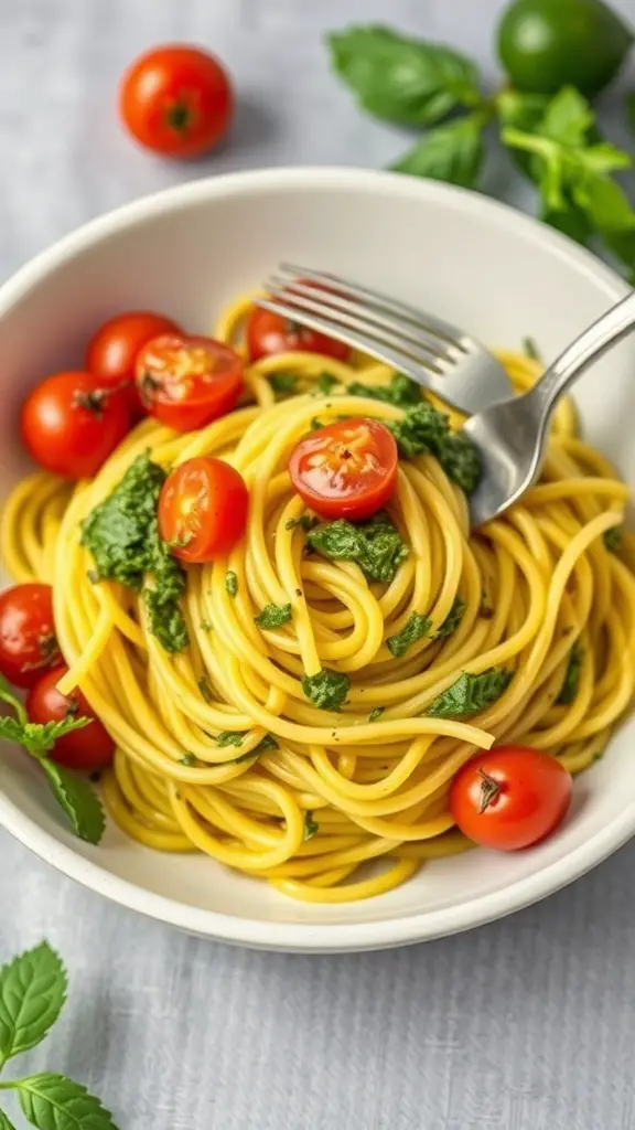 A bowl of spaghetti squash with pesto and cherry tomatoes