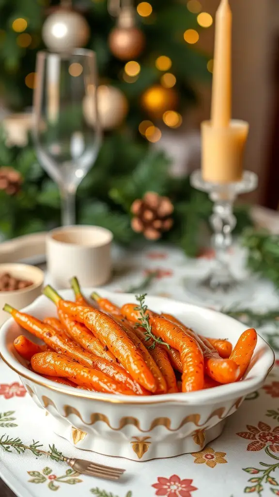 A bowl of honey glazed carrots with thyme, set on a festive table with holiday decorations.