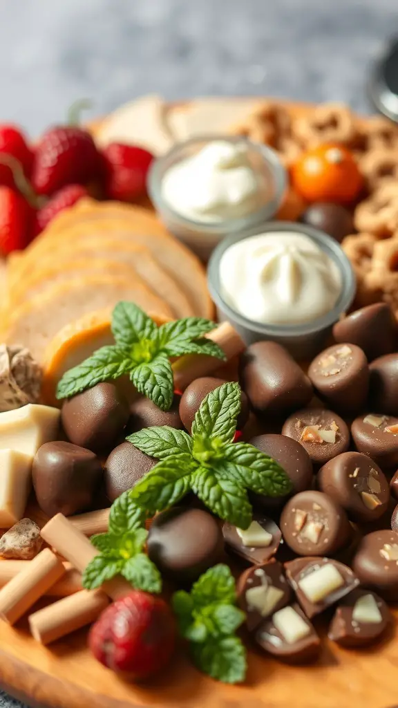 A colorful charcuterie board featuring chocolates, fruits, and sweet treats.