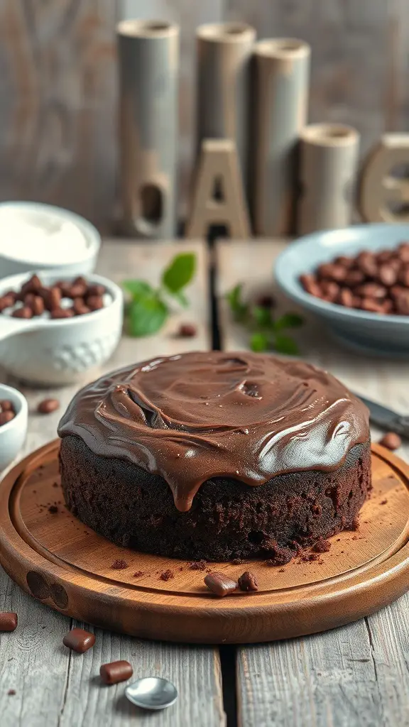 A chocolate cake with glossy frosting on a wooden board, surrounded by bowls of yogurt and chocolate pieces.