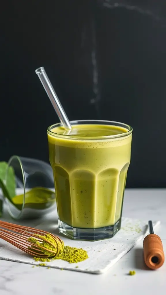 A glass of matcha green tea smoothie with a straw, surrounded by matcha powder and a whisk.