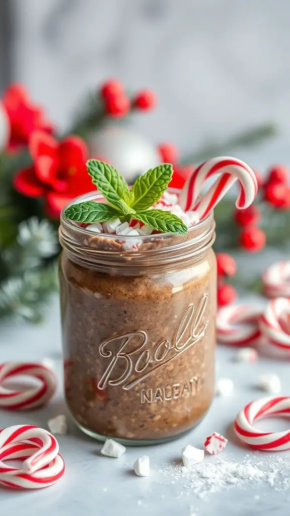 A jar of chocolate peppermint overnight oats topped with mint and a candy cane, surrounded by festive decorations.