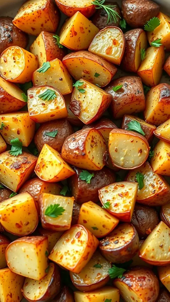A close-up of spicy garlic roasted potatoes, golden and crispy, garnished with fresh herbs.