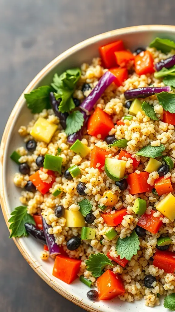 A colorful quinoa salad with diced vegetables and a citrus vinaigrette in a bowl.