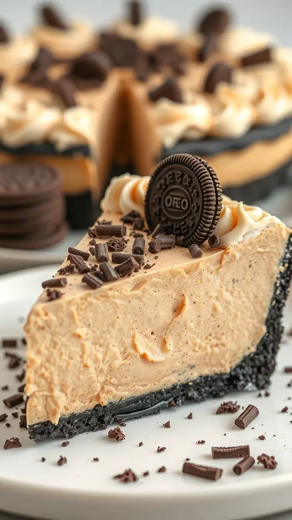 Slice of Oreo Peanut Butter Pie with whipped cream and Oreo toppings