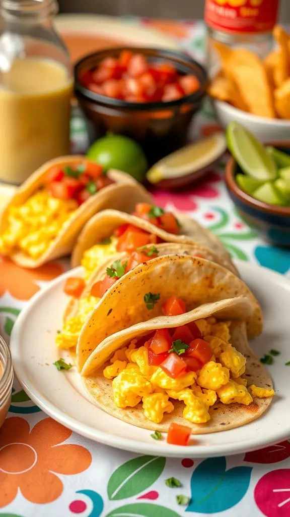 Delicious egg and cheese breakfast tacos with diced tomatoes and fresh herbs on a colorful table.