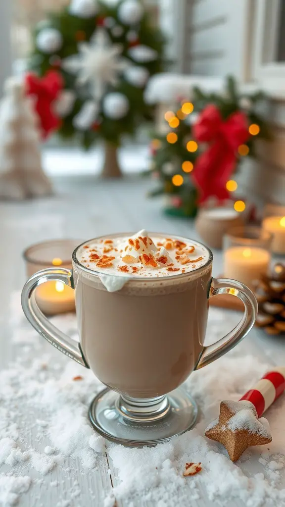 A cozy mug of coconut hot chocolate topped with whipped cream and toasted coconut flakes, surrounded by festive decorations.