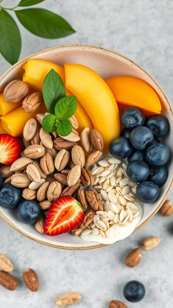 A colorful fruit and nut breakfast bowl with peaches, blueberries, strawberries, and various nuts.
