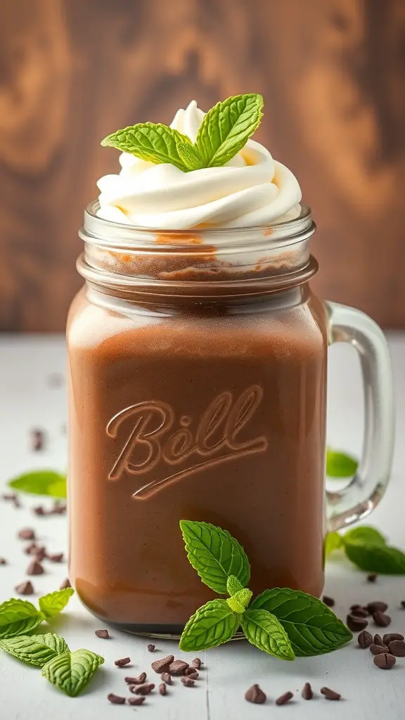 A delicious Chocolate Mint Smoothie topped with whipped cream and mint leaves in a glass jar.
