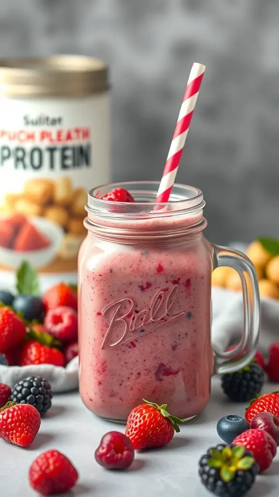 A delicious berry smoothie in a mason jar with a striped straw, surrounded by fresh berries and a can of protein powder.