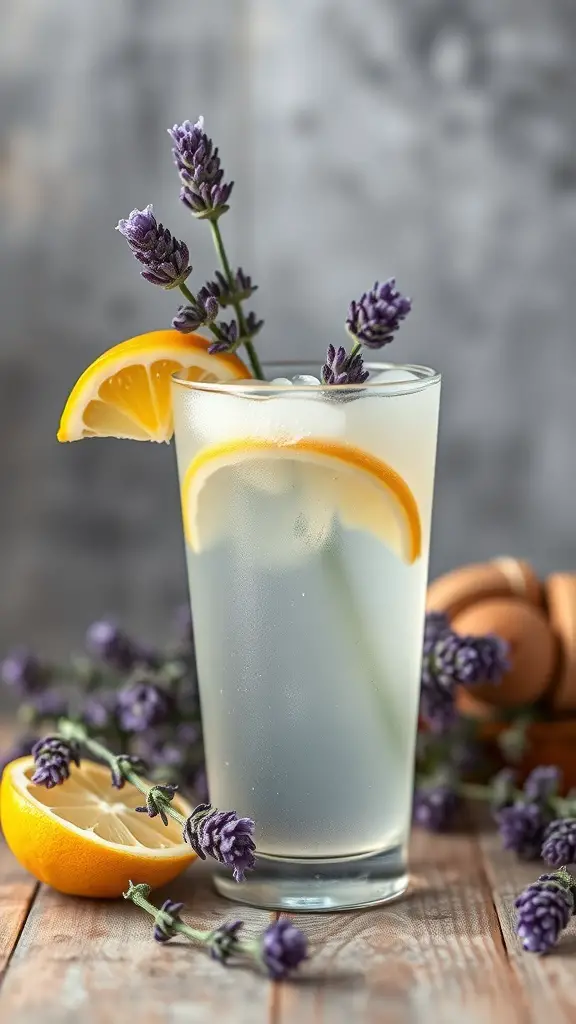 A refreshing glass of Honey Lavender Lemonade with lemon slices and lavender sprigs.