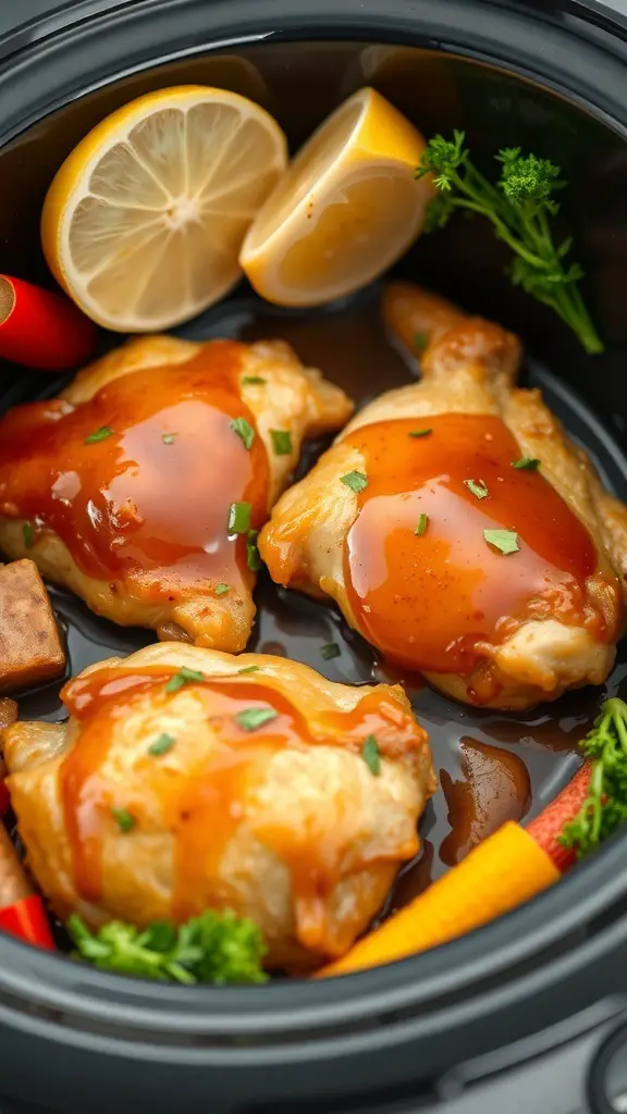 Honey garlic glazed chicken thighs in a crockpot with lemon slices and vegetables