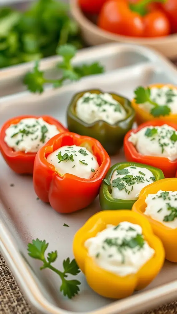 A platter of colorful stuffed mini peppers filled with cream cheese and garnished with herbs.