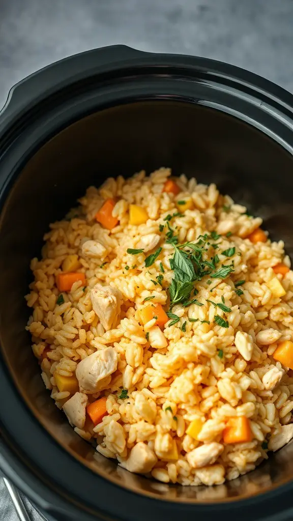 A close-up of a crockpot filled with chicken and rice casserole, garnished with fresh herbs.