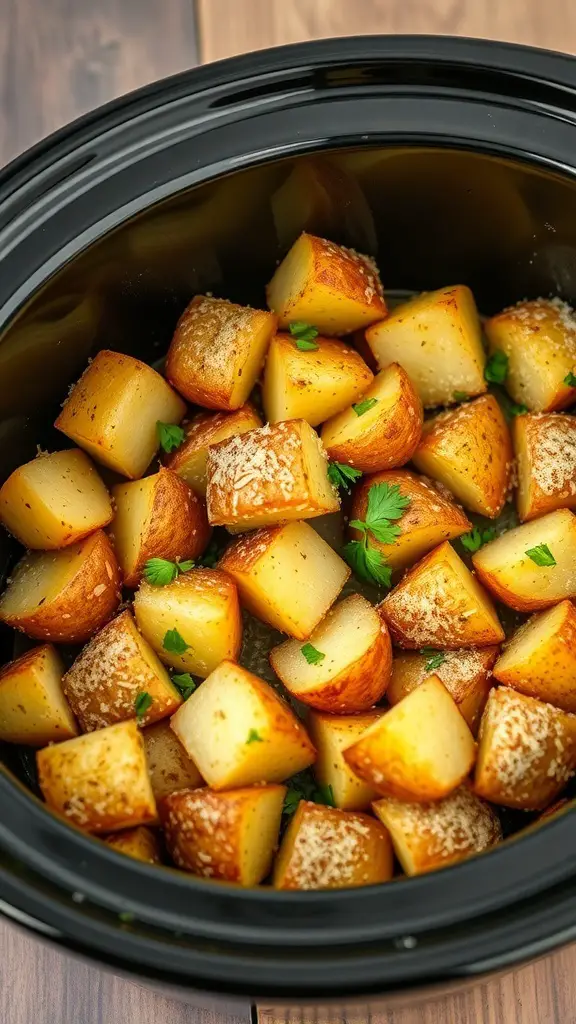 Crockpot filled with garlic Parmesan roasted potatoes, garnished with parsley.