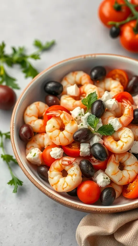 A bowl of Mediterranean shrimp salad with shrimp, cherry tomatoes, olives, and feta cheese.