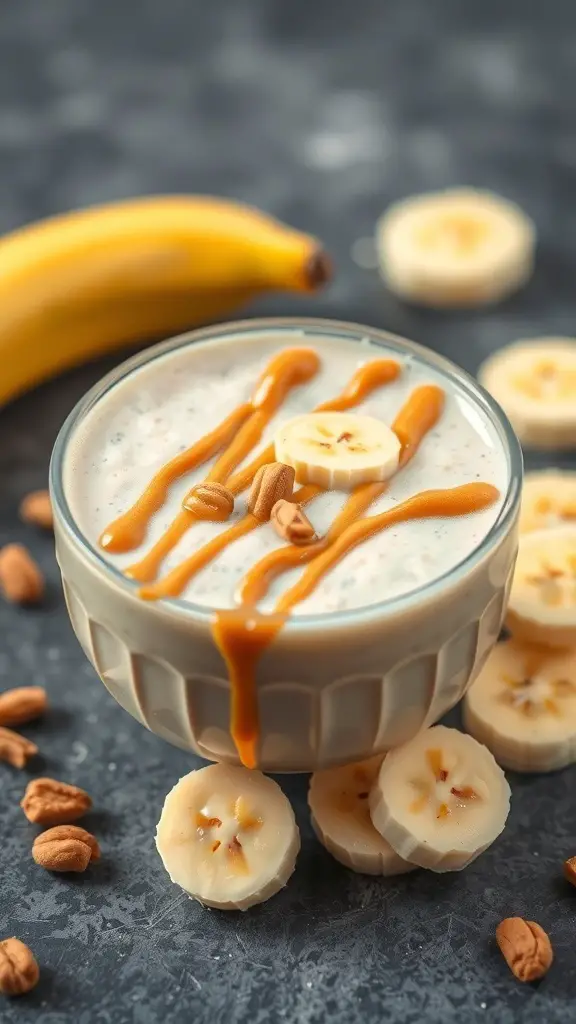 A creamy peanut butter banana smoothie topped with banana slices and drizzled with caramel, surrounded by whole and sliced bananas.