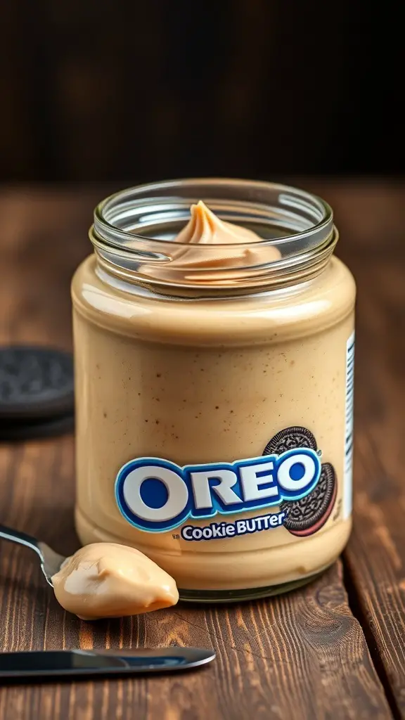 A jar of Oreo Cookie Butter with a spoonful on a wooden table.
