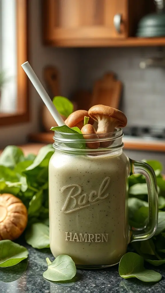 A green smoothie in a mason jar with spinach and mushrooms, placed on a kitchen countertop.
