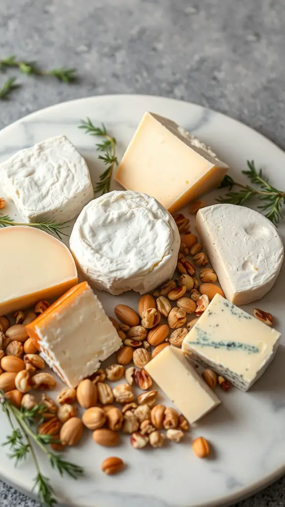 A selection of artisan vegan cheeses arranged on a marble platter with nuts and herbs.