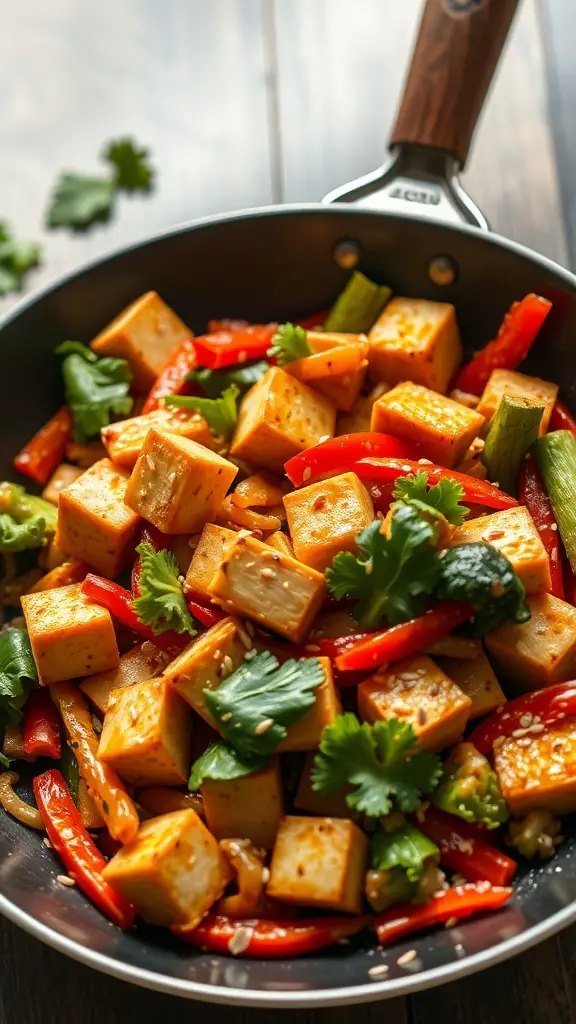 A colorful vegetable stir-fry with tofu in a frying pan, featuring red bell peppers, green vegetables, and garnished with herbs.