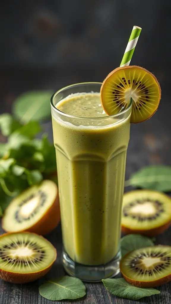 A refreshing spinach and kiwi smoothie in a tall glass with a green straw, surrounded by fresh kiwi slices and spinach leaves.