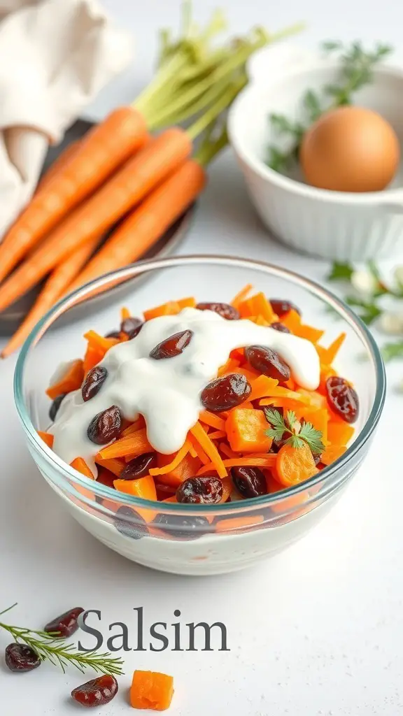 A bowl of carrot and raisin salad topped with yogurt dressing, surrounded by fresh carrots and a bowl of egg.