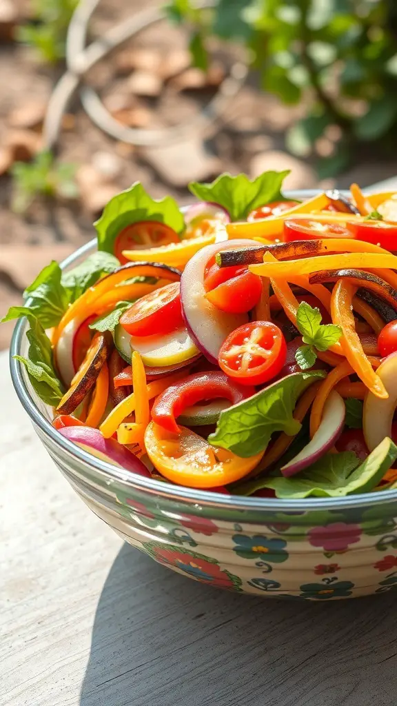 A colorful bowl of rainbow salad with various vegetables like tomatoes, bell peppers, and greens.