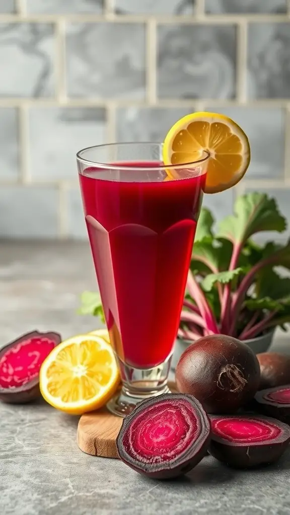 A glass of beetroot juice garnished with a lemon slice, surrounded by fresh beetroots and lemon halves.