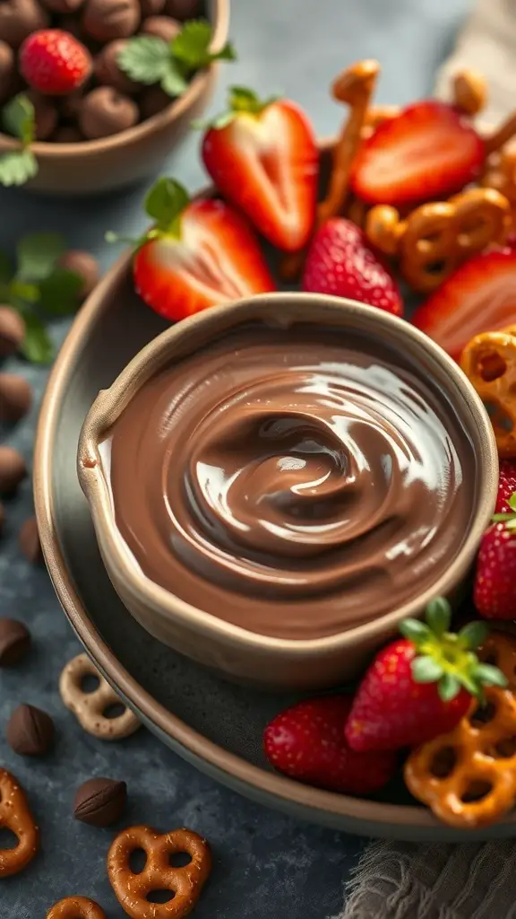 A bowl of chocolate hazelnut dip surrounded by strawberries and pretzels.