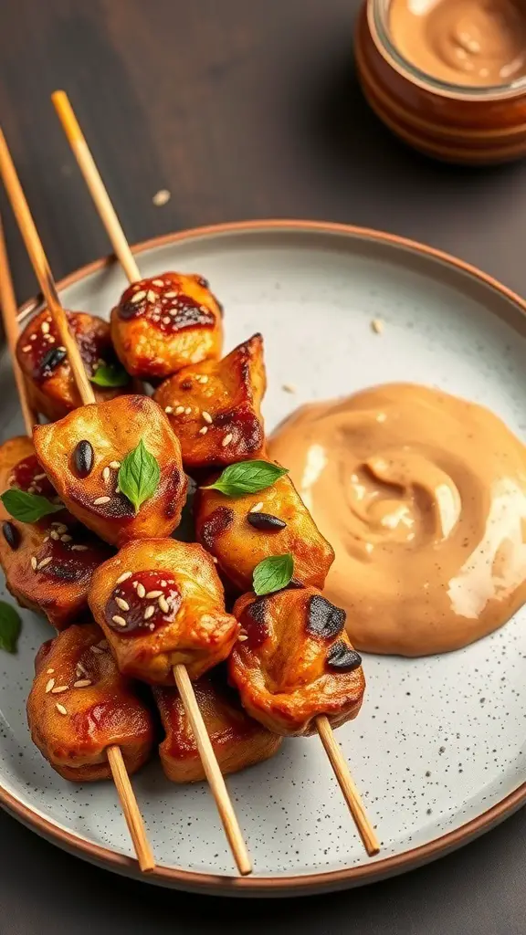 A plate of Asian-inspired chicken satay skewers with peanut sauce