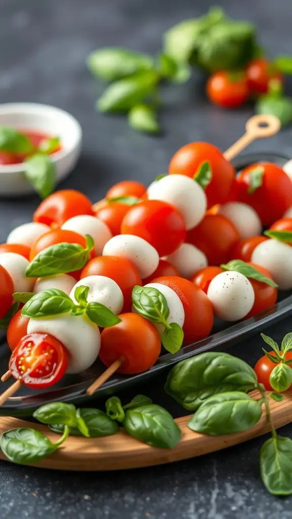 A plate of Caprese salad skewers with cherry tomatoes, mozzarella balls, and basil leaves.