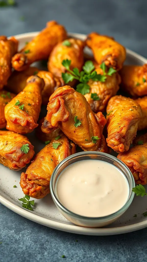 A plate of crispy air fryer chicken wings served with a small bowl of dipping sauce.