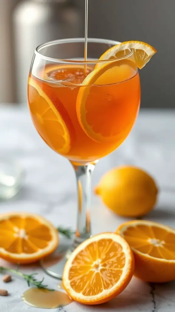 A glass of Maple Citrus Sangria with orange slices and a lemon wedge, surrounded by fresh oranges.