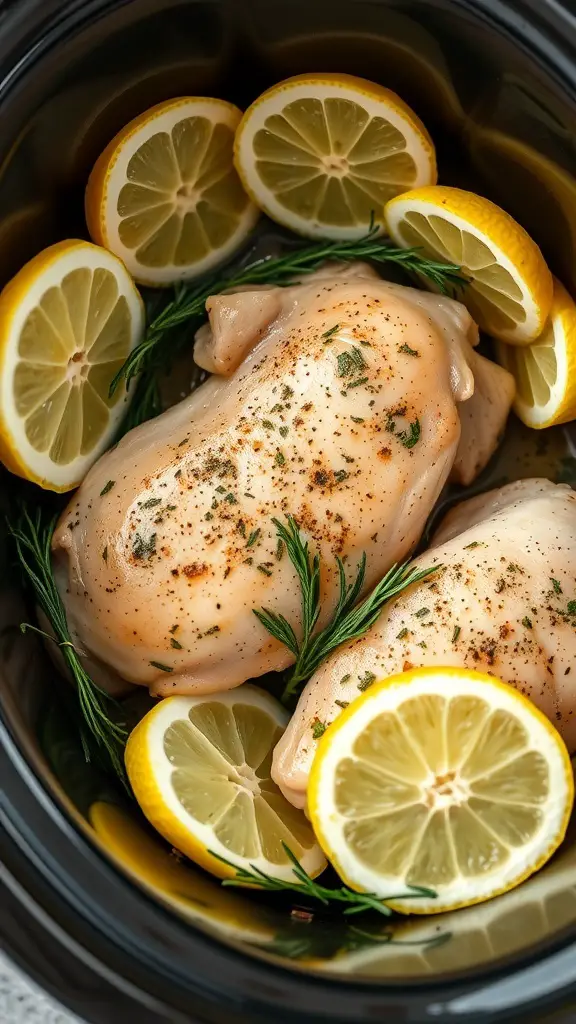 Crockpot with lemon herb chicken thighs and lemon slices
