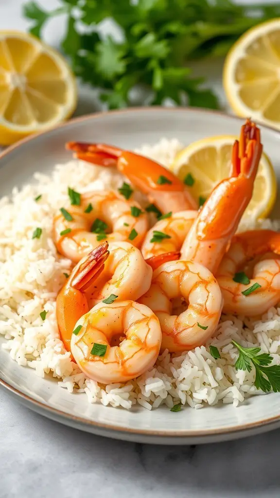 A plate of lemon garlic shrimp served over rice with lemon slices and parsley.
