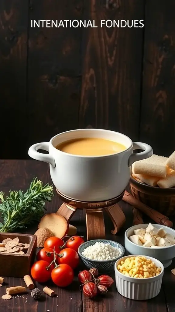 A fondue pot with melted cheese surrounded by fresh ingredients like tomatoes, spices, and bread for dipping.