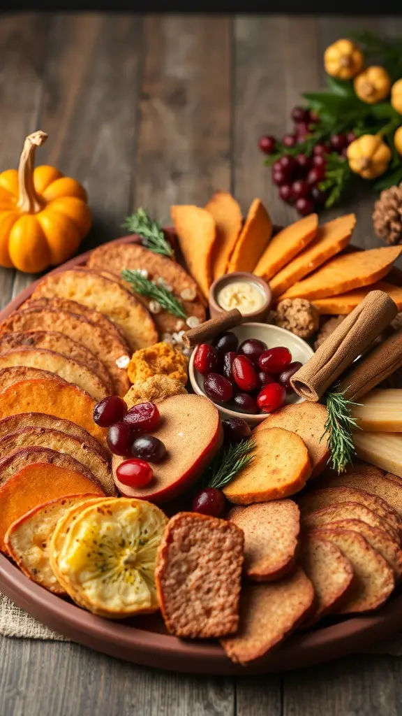 A beautifully arranged seasonal charcuterie board featuring roasted squash, sweet potatoes, sliced meats, cheeses, cranberries, apples, and herbs.