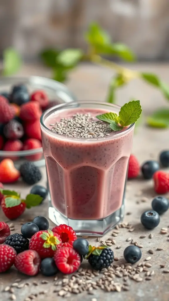 A refreshing berry smoothie with chia seeds, garnished with mint leaves, surrounded by fresh berries.