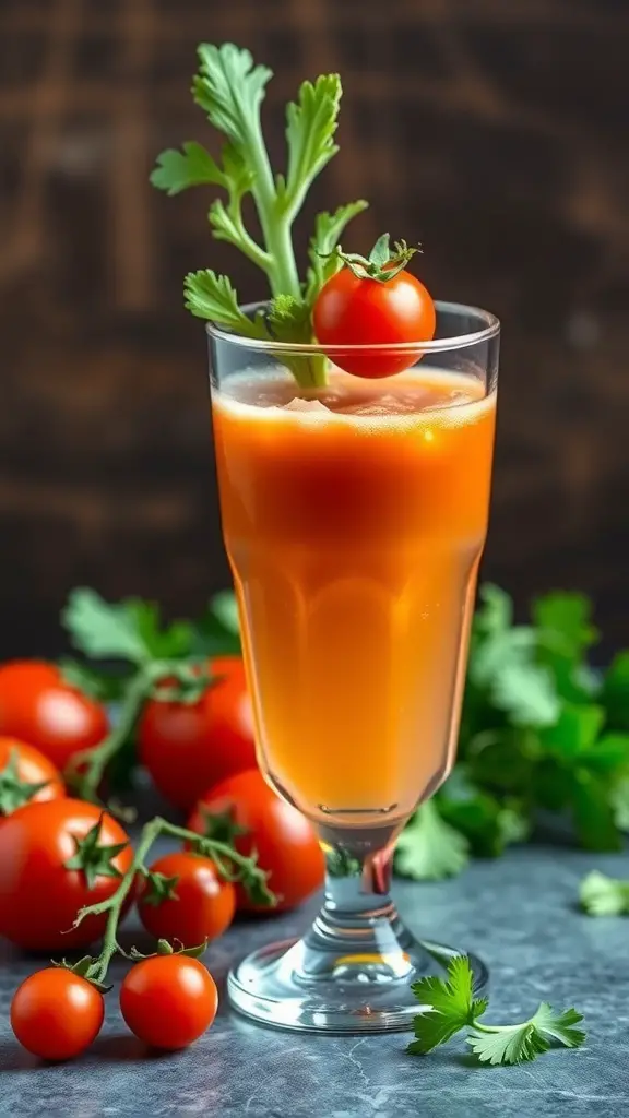A glass of savory celery and tomato juice garnished with a celery stick and cherry tomato, surrounded by fresh tomatoes and cilantro.