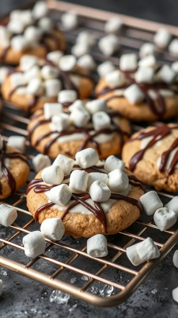 Delicious hot cocoa cookies topped with marshmallows and drizzled with chocolate on a cooling rack.